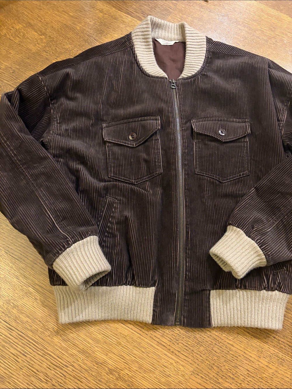 Faherty Brown Corduroy Varsity Bomber Jacket with Cream Rib Trims